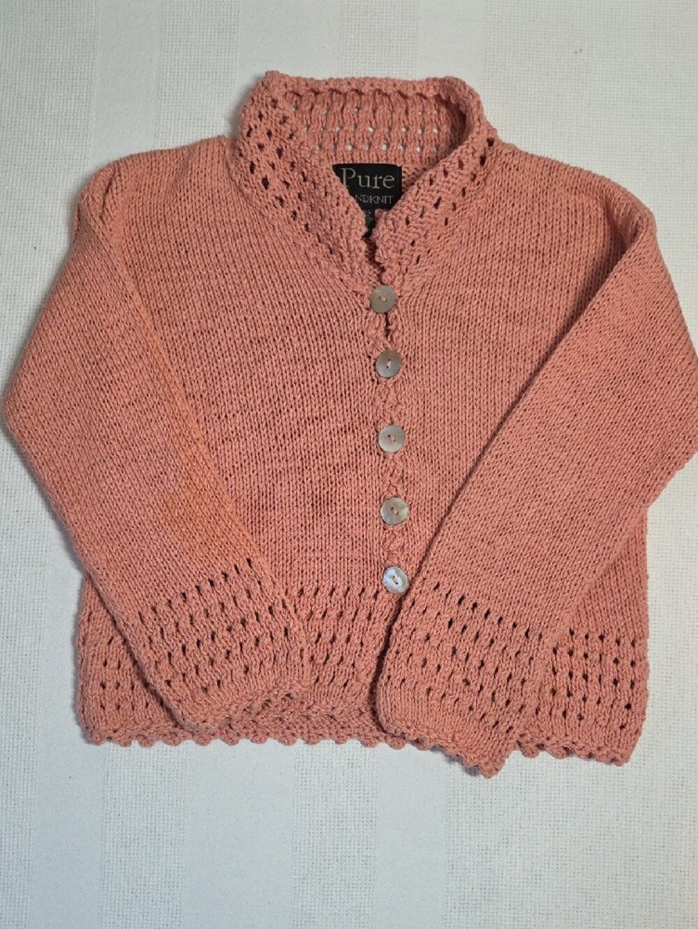 Pure Handknit Coral Pink Button-Up Shawl Collar Cardigan M/L Cotton